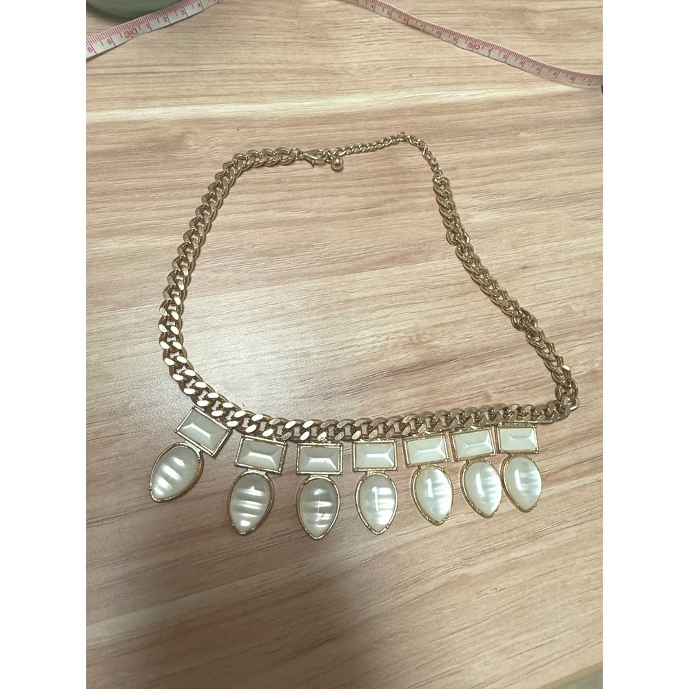 Gold Tone White Faux Opal Resin Geometric‎ Bib Statement Necklace 19in